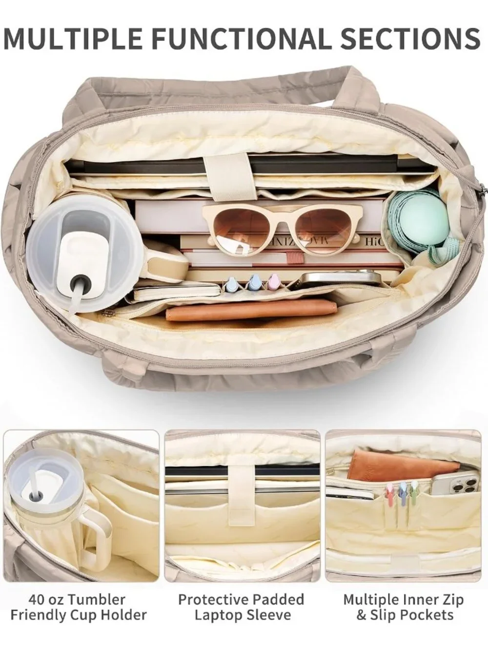 👜Women's Oatmeal Puffer Tote Bag 16 Pockets Work Gym Travel Laptop Handbag